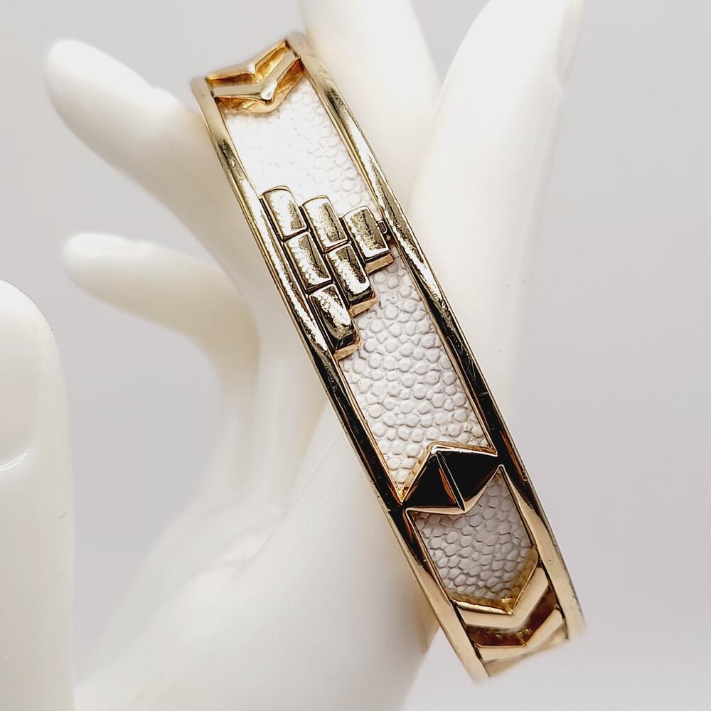 Vintage House of Harlow White Leather Gold Tone Bangle Bracelet 1960s